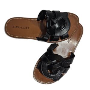 Coach Issa Slides Black SZ 7 Leather Boho Flat Sandals Vacation Travel Shoes
